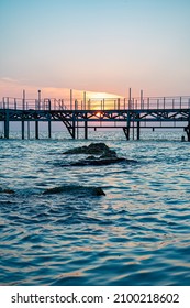 Bridge Rocks Sea Sunset Landscape Caspian Sea Kazakhstan