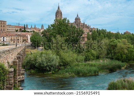 Bridge of Roman origin over the Tormes River as it passes through the city of Salamanca with its sixteenth-century Gothic cathedral in the background, Spain