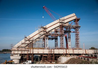 Bridge Under Construction Over Danube River Near Novi Sad