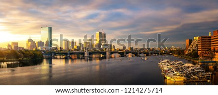 Bridge and yacht boat club in Boston city with morning sunrise, USA