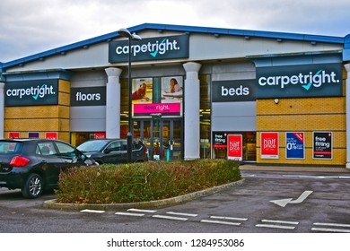 Bridgend, Bridgend County Borough / Wales UK - 1/14/2019: The front elevation of the Carpetright store at Waterton Retail Park near Bridgend. Shop for carpets flooring and beds.