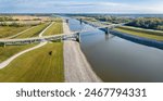 bridges over the Chain of Rock Canal of Mississippi River above St Louis, aerial view in October scenery