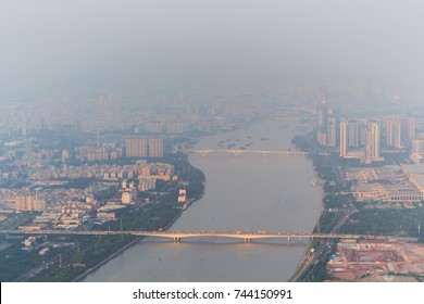 Bridges Over Zhujiang River Among Fog In Guangzhou City, China, Top View