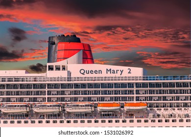 BRIDGETOWN, BARBADOS - December 2, 2017: RMS Queen Mary 2 Is The Largest Ocean Liner Ever Built, Having Served As The Flagship Of The Cunard Line Since Succeeding The Queen Elizabeth 2 In 2004.