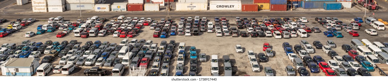 Bridgetown Port, Barbados, West Indies - May 16, 2020: Bridgetown Port. Car Storage Lot. Various Brand New Cars. Aerial View. 