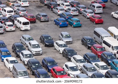 Bridgetown Port, Barbados, West Indies - May 16, 2020: Bridgetown Port. Car Storage Lot. Various Brand New Cars. High Angle Shot. Aerial View.