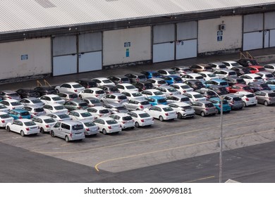 Bridgetown Port, Barbados, West Indies - May 16, 2020: Bridgetown Port. Car Storage Lot. Various Brand New Cars. High Angle Shot. Aerial View.