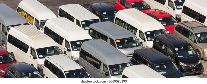 Bridgetown Port, Barbados, West Indies - May 16, 2020: Bridgetown Port. Car Storage Lot. Various Brand New Cars. High Angle Shot. Aerial View.