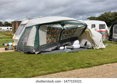 Bridlington UK Aug 10 2019 A Caravan Awning Damaged By The Unseasonal Strong Wind & Gales