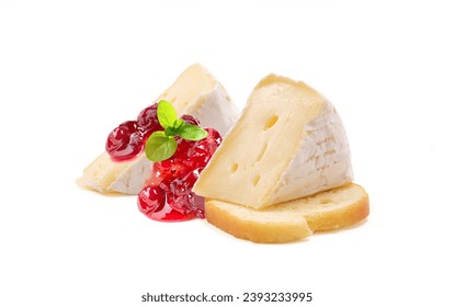 Brie cheese. Camembert cheese. Fresh cheese with cranberry jam on a piece of bread. Baguette crackers. Italian, French cheese and berry jam isolated on a white background.
 - Powered by Shutterstock