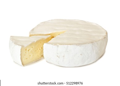 Brie Cheese With Cut Slice Isolated On A White Background