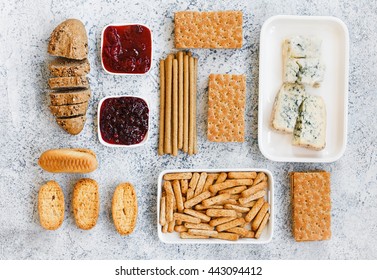 Brie Cheese With Two Jams, Cracker And Whole Grain Crispbread. Top View.