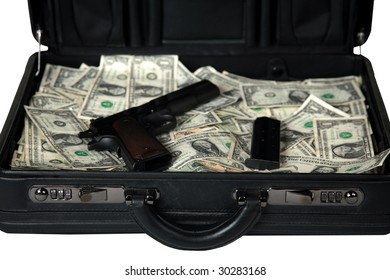 Brief Case Full Of Cash And A Handgun Isolated On White