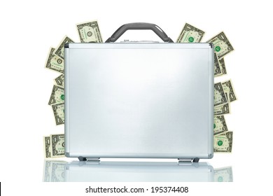 A briefcase with money coming out of the sides