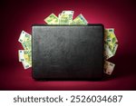 A briefcase overflowing with euro banknotes. Concept studio shot on illuminated burgundy red background with dark vignette