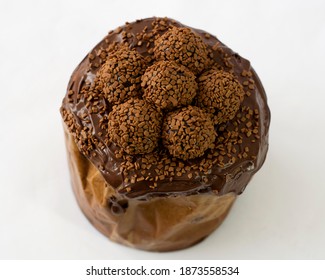 Brigadeiro Stuffed Sweet Bread With Chocolate Balls Isolated Top View - Panetone De Brigadeiro