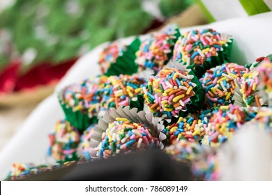 Brigadeiro, traditional Brazilian chocolate fudge balls covered with colored sprinkles
