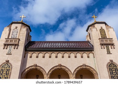 Brigantine, NJ / USA - July 16, 2020: Saint Thomas the Apostle Church in Brigantine, NJ set against a blue, summer sky.
