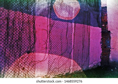 Bright Abstract Pink-green Color Background, House Wall Texture. Multiple Exposure, Expired Color Film.