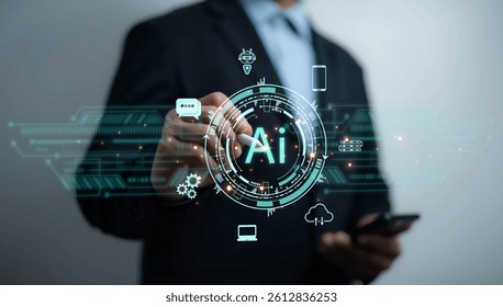 Bright AI interface with futuristic elements showcasing artificial intelligence, automation systems and data-driven innovation in the digital business world