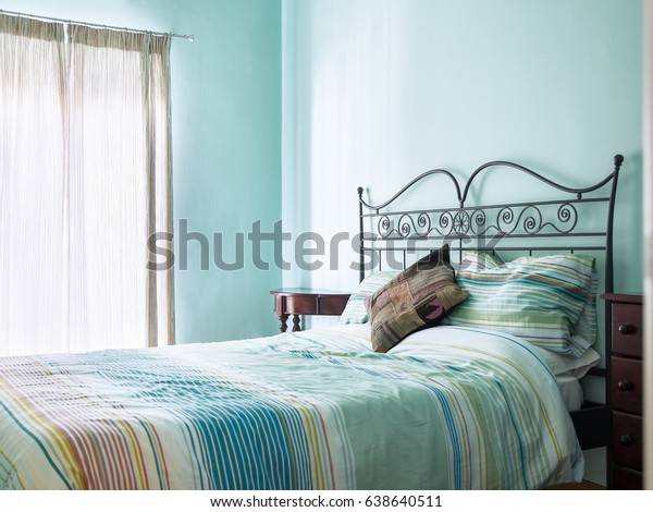 Bright Airy Bedroom Rustic Furniture Green Royalty Free