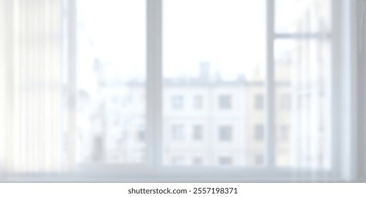 Bright, airy window view of a cityscape through sheer curtains. - Powered by Shutterstock