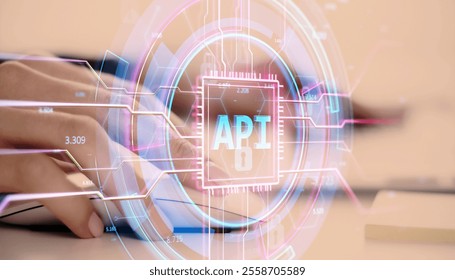 Bright API hologram overlaying hands typing on keyboard, neon tech interface on beige background, concept of coding and development innovation