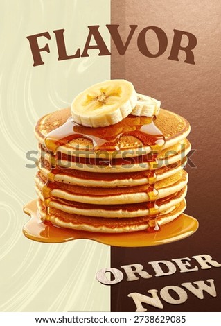 A bright, appetizing poster featuring a stack of golden pancakes with syrup, butter, and fresh berries. The headline “Pan Cake – Name Your Flavor!” invites customers to choose from delicious options like vanilla, chocolate, berry, caramel, and banana, creating a warm and cozy breakfast appeal. 🥞✨