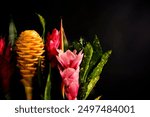 Bright arrangement of tropical exotic flowers and leaves on black. Elegant collection of unusual long-lasting hot climate flowers guzmania, strelitzia, bromeliad, heliconia, Crot?n, sansevieria