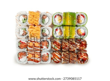 Bright assorted sushi rolls set with salmon, avocado, eel, sauces and cream cheese isolated on white background top view for menu and delivery concept