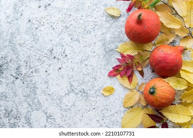 Bright Autumn Leaves And Pumpkins On Grey Background With Copy Space For Text. Beautiful Autumn Frame. Mockup For Seasonal Offers And Holiday Post Card. Top View.