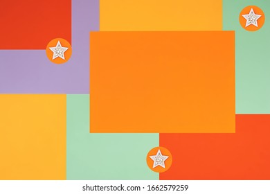 Bright background with a non-symmetrical geometric pattern in trendy colors with shiny white stars. Concept background, texture, graphic design, baby creativity.