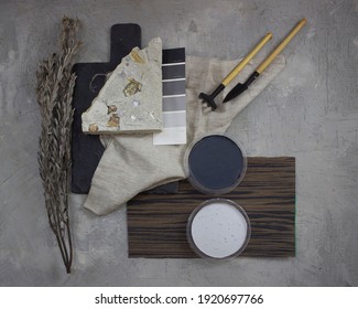 Bright Background With Sheet Of Paper, Color Palette, Mood Board For Design And Decor 