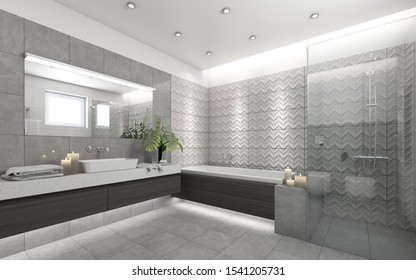 Helles Badezimmer mit grauem Dekor mit Kerzen