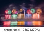 Bright beautiful colorful fireworks in the night sky. Photo taken in Busan, South Korea 