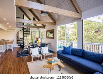 A Bright A Beautiful Living Room And Kitchen. Farm House/modern Interior Design. 