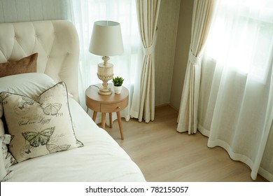 Bright Bedroom With Side Table Lamp Decorated In Country Style