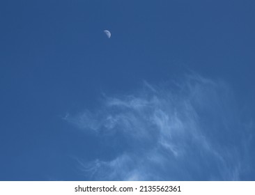 A bright blue, early evening sky with the moon at half phase and wisps of white clouds.