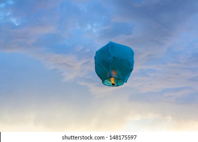 Bright Blue Paper Lantern Flying In The Sky