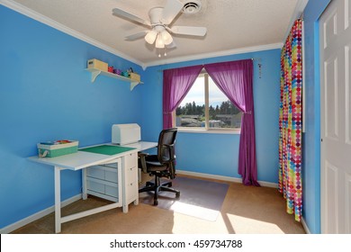 Bright Blue Sewing Room Interior With Colorful Curtains And White Table.