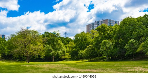 Bright Blue Skies Against Trees And Architecture Taken On The Katy Trail In Dallas, Texas.