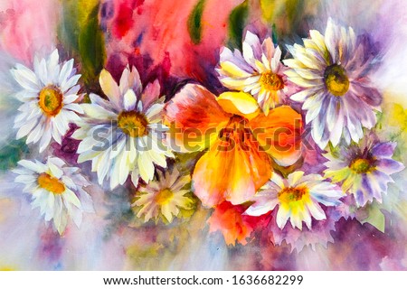 Bright bouquet of spring flowers. Wildflowers, oil acril painting on canvas