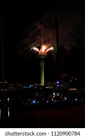 Bright Bursts Of Fireworks At The Sky Tower In Auckland, New Zealand