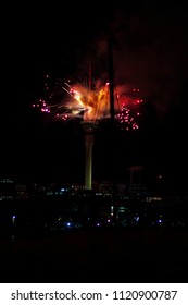 Bright Bursts Of Fireworks At The Sky Tower In Auckland, New Zealand