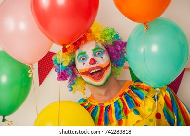 Happy Birthday Clown Surrounded By Balloons Stock Photo 49989718 ...