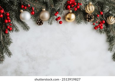 Bright Christmas frame of spruce, white, and gold Christmas decorations, red berries on white fluffy snow-like background. New Year, Winter, Holidays. Gift Card with blank space for text.  - Powered by Shutterstock