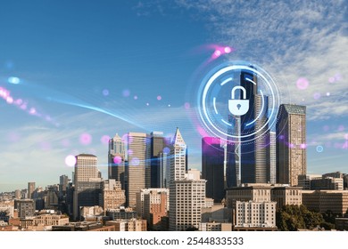 A bright, clear Seattle skyline with a digital lock overlay in the foreground, symbolizing cybersecurity. Cityscape and digital security concept