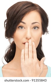 Bright Closeup Picture Of Woman With Hand Over Mouth.