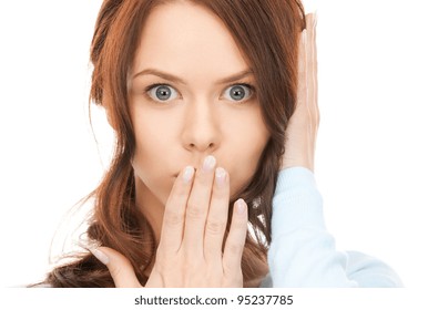 Bright Closeup Picture Of Woman With Hand Over Mouth