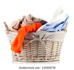 Bright Clothes In Laundry Basket, Isolated On White